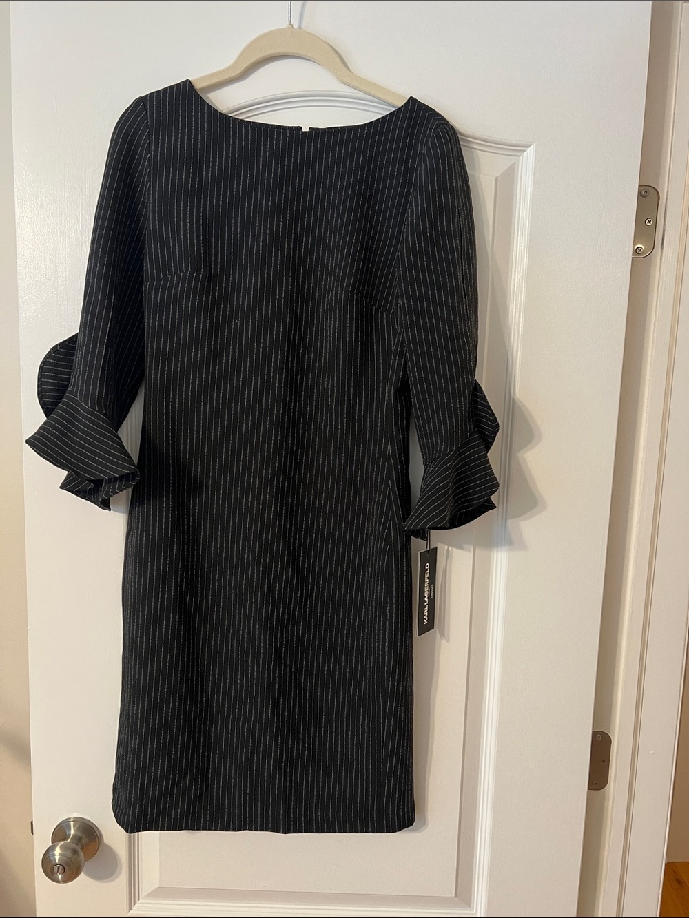 Karl Lagerfeld Black Pinstripe Midi Dress with Ruffle Sleeves